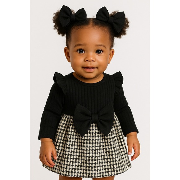 Infant Girls' Houndstooth Ruffle Dress 12-18 Months – Bow Front Knit & Tweed - Picture 1 of 15